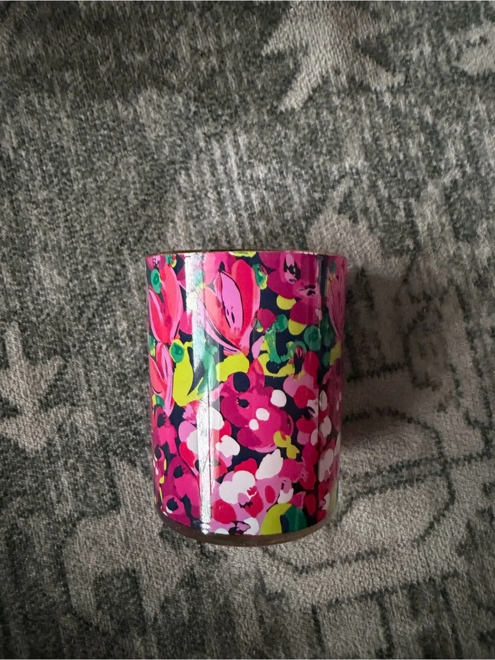 Lilly Pulitzer scented soy candles colorful patterned glass vessels gold rim